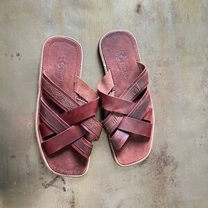 Brown Leather Slide Sandals with Woven Straps